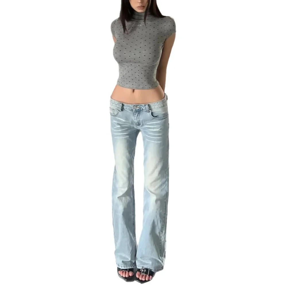 New Casual Woman’s Light Blue Denim Pants Retro Style Spice Girls Trousers High Waist Spring Autumn Letter Splicing Design Jeans view 5