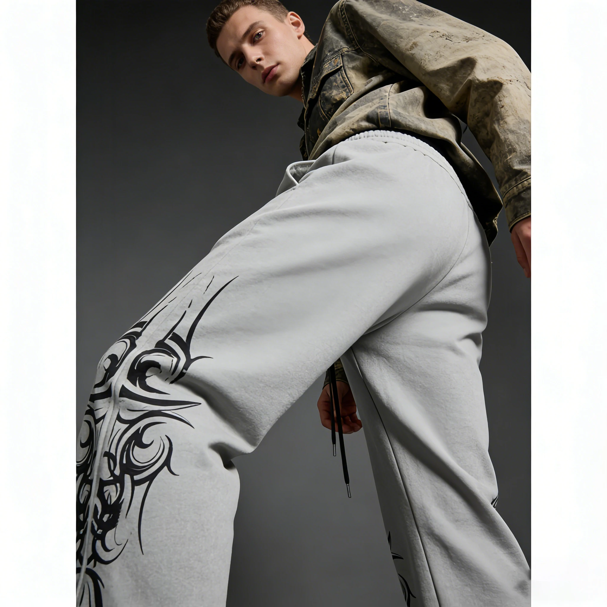 

High street trendy English embroidered form-fitting jeans retro trendy fashionable hip-hop rock style loose long pant Y2K emo
