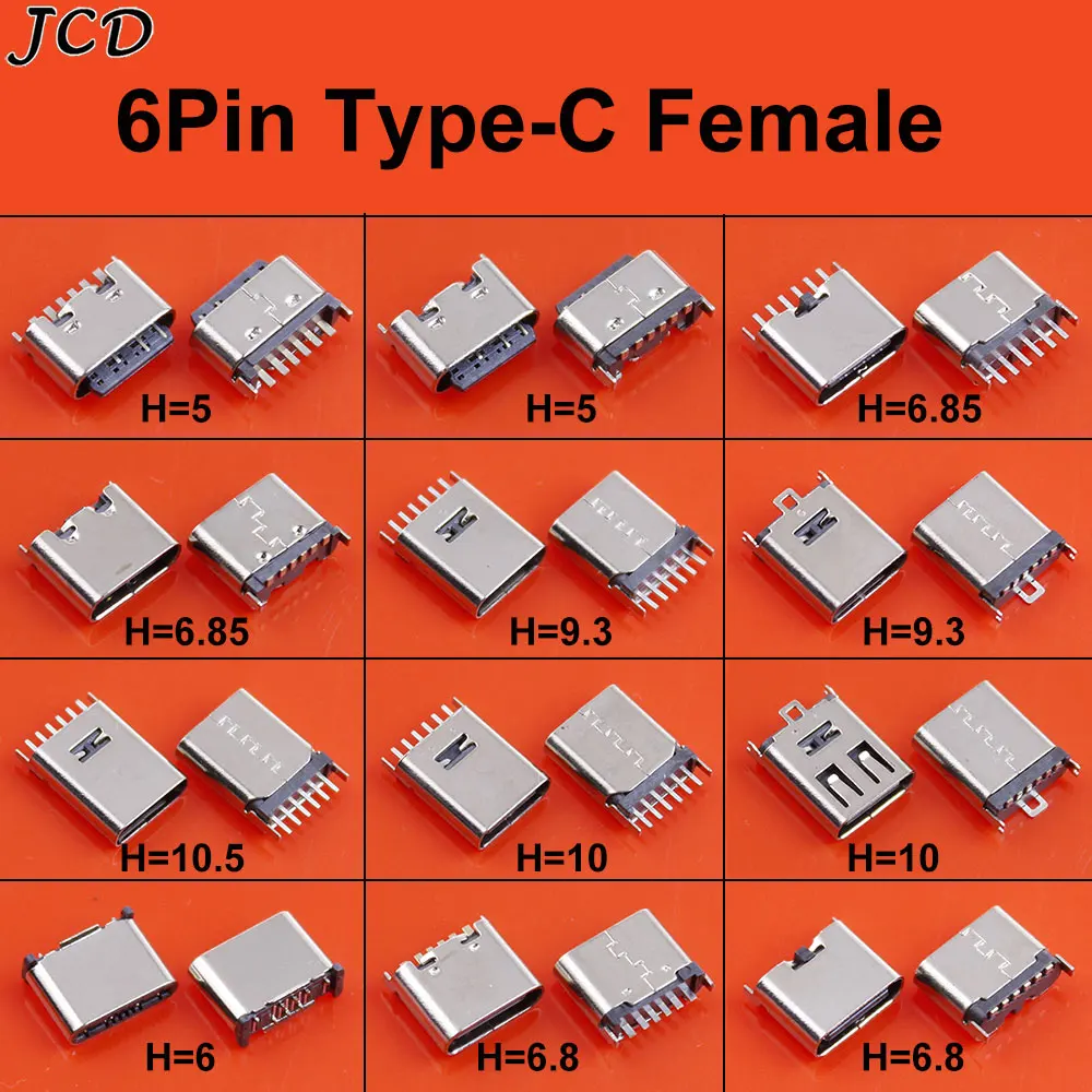 

JCD 20pcs USB 3.1 6Pin Vertical Patch SMT Female Socket Connector Type C Charging Port Chager Plug