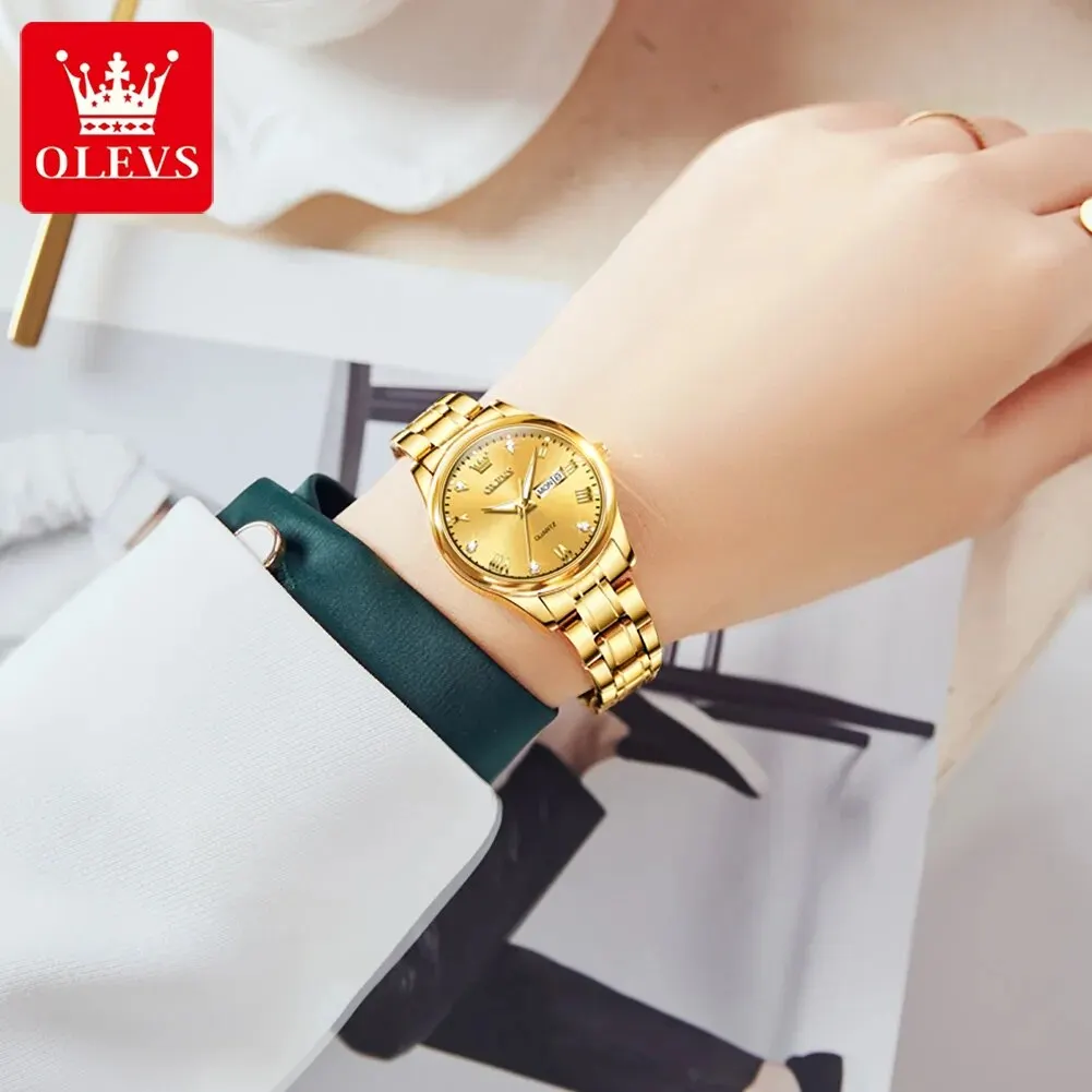 OLEVS 5563 Women Quartz Wristwatch Stainless Steel Waterproof Luminous Auto Date Week Clock Original Luxury Elegant Ladies Watch