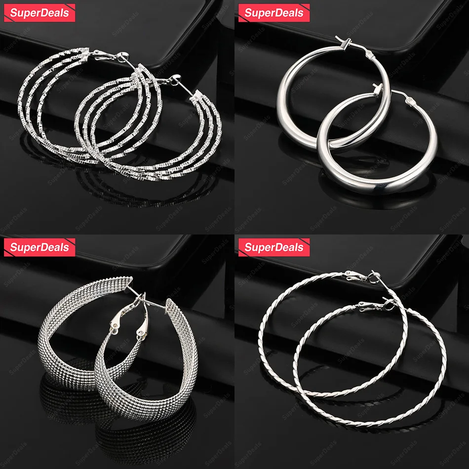 

SuperDeals 925 Sterling Silver Smooth Spiral Circle Round U Shape Hoop Earrings Women Elegant Jewelry Fashion Party Wedding Gift
