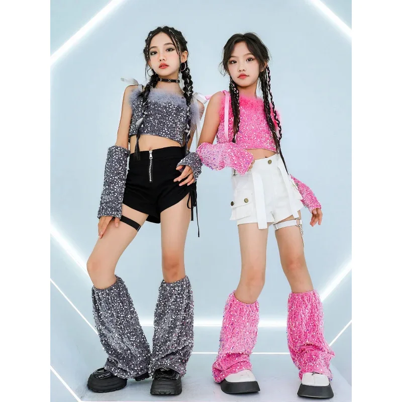 

Kids Jazz Dance Costume Hiphop Pink Top Skirt Dresses Street Dance Funky Show for Girls Stage Performance Cheerleader Costumes