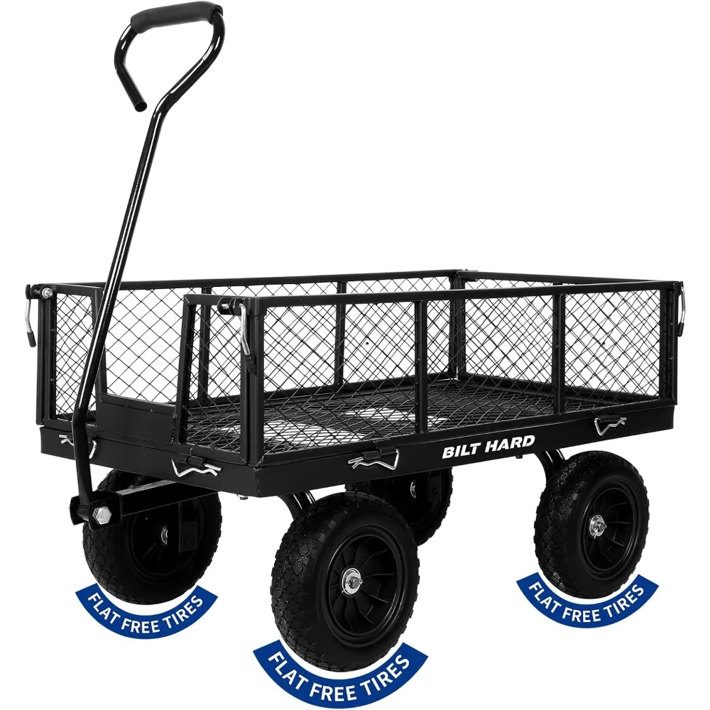 

880 lbs 10" flat free tires steel garden cart with 180° rotating handle and removable sides, heavy duty 4 cu.ft capacity utilit
