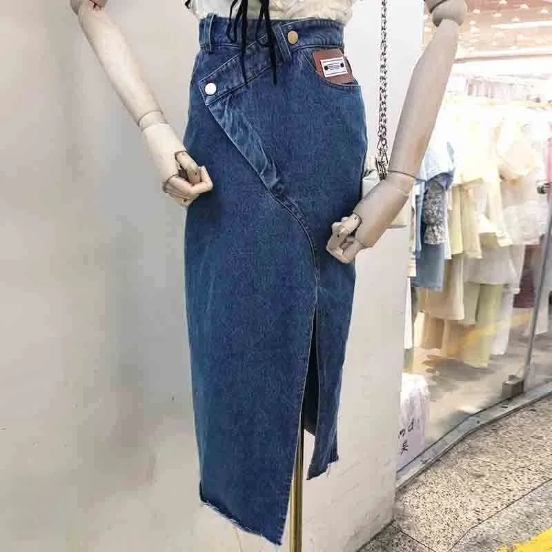 

Асимметричная сексуальная джинсовая юбка с высокой талией и разрезом, женская летняя уличная модная утягивающая синяя джинсовая юбка миди, корейская юбка