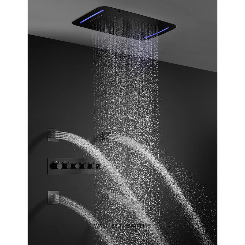 Newest  Matter Black Shower System Bathroom Ceiling Thermostatic Led Shower Set with Body Jet
