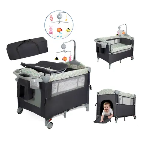 Steanny Pack N Play, Playard with Bassinet, Bedside Pack and Play, Baby Travel Bassinet, Fodle Playpen with Wheels
