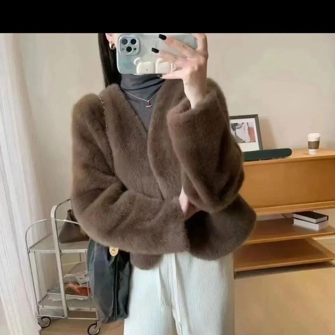 ملابس خارجية شتوية من الفرو من الجلد الكوري Sle ort Thiened V-Ne للنساء مصممة بشكل أنيق وElely