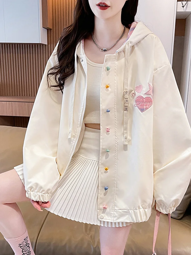 American Retro Coat Embroidery Heart Dopamine Color Star Buttons Sports Comfort Fashion Casual Youth Solid Color Sweet Outerwear