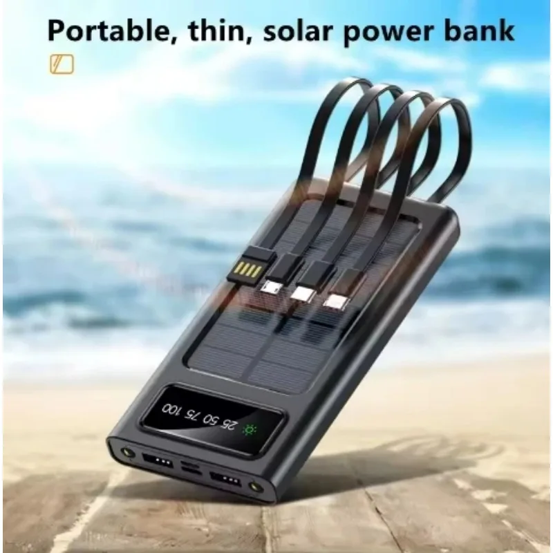 Built-in Cables Solar Power Bank 20000/30000mAh with Lightweight and Large Capacity Universal Power Supply for Mobile Phones