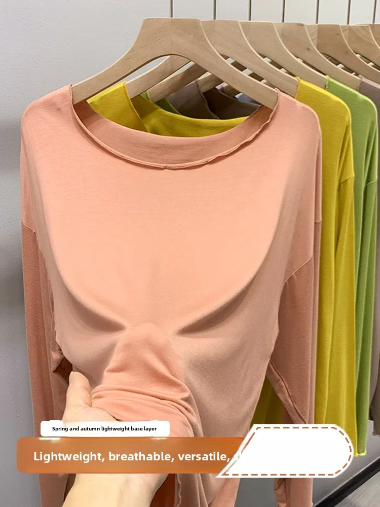 Slimming Effect Modal Long Sleeve Loose T-Shirt Women's Base Layer Thin Home Clothes Large Size Outerwear Casual Style