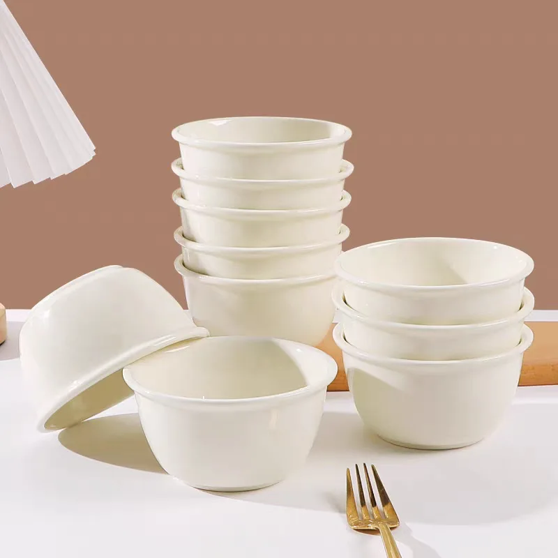 Set of 10 4.5 Inch Milk Fufu Cream Tone Ceramic Rice Bowls, Simple Underglaze Printing Multipurpose Household Dining Bowls