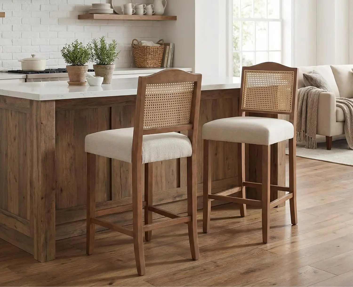 30 Inch Counter Height Stools Set of 2 Rattan Farmhouse Barstools Mid Century Modern Bar Chairs Upholstered Kitchen Bar Stool