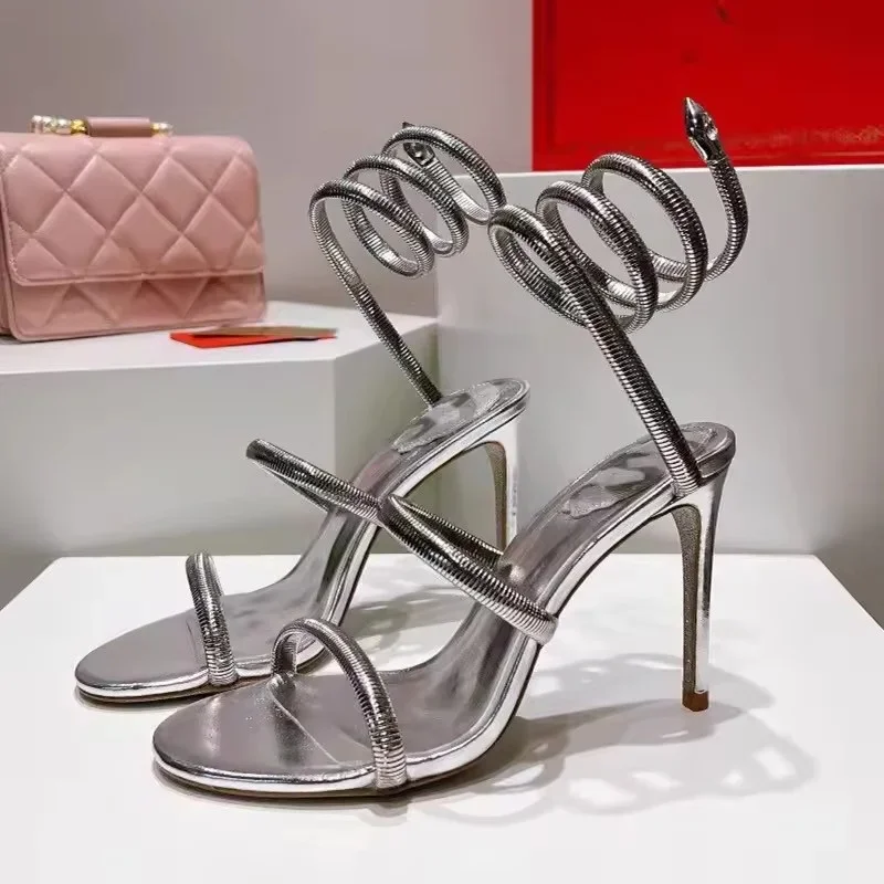 Women's Square Open Toe Metallic Snake‑Shaped Spiral Ankle Wrap Strap Stiletto Heel Sandals,Luxury Nightclub Footwear,DropShippi
