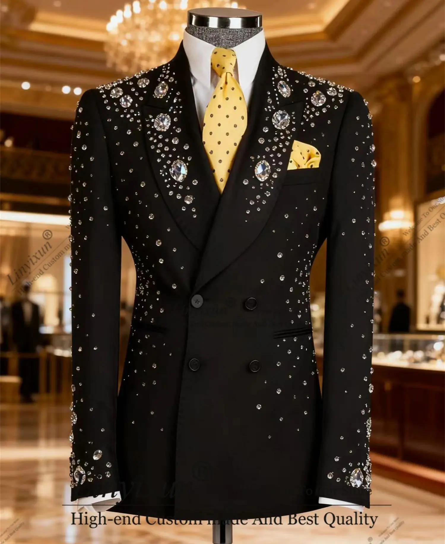 

Luxurious dazzling Rhinestone Beaded Men Suits Customized Ropa Hombre Peaked Lapel Groom Tuxedos 2 Pieces Male Party Prom Blazer