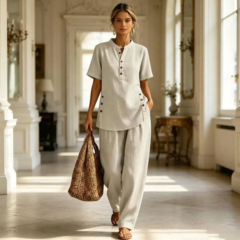 Damen 2-teilige Leinen-Sets, locker sitzende Sommerkleidung, kurzärmelige, passende Outfits, lässige Sommer-Lounge-Sets mit Taschen