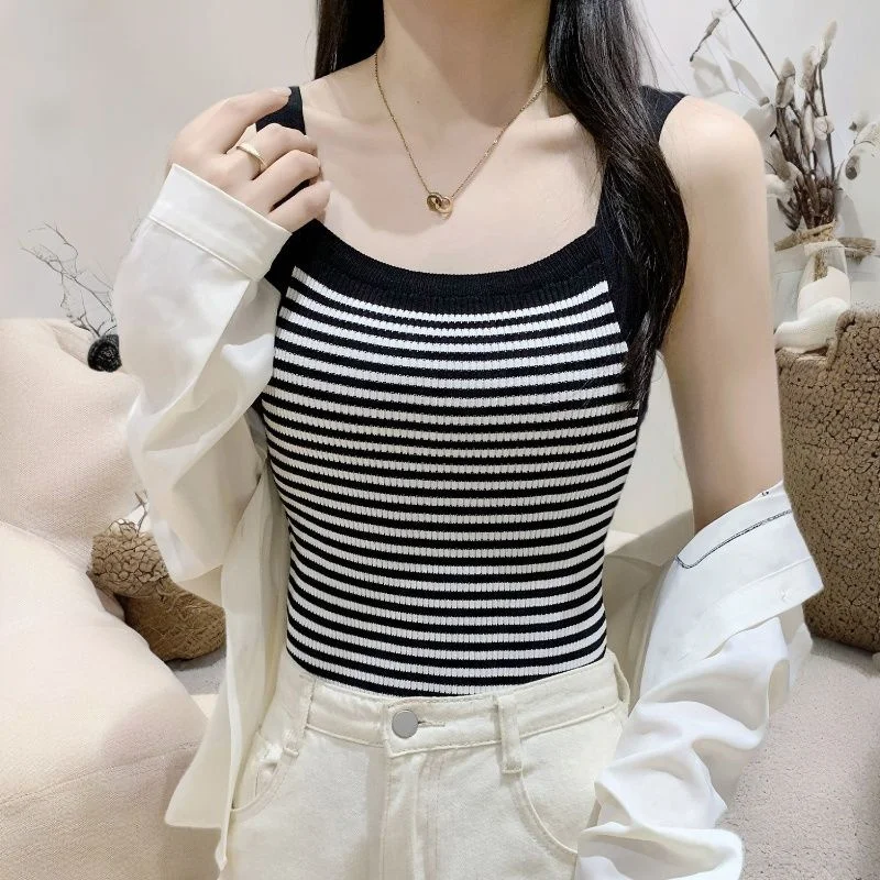 Spring Women Fashion Straps Sweater Sleeveless French Ladies Ice Silk Waistcoat Summer Female Casual Striped Short knitting Vest