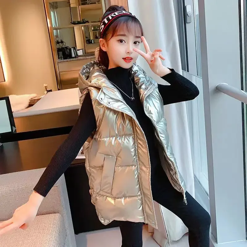

Winter Children Mid-length Sleeveless Down Cotton Jacket Kids Casual Hooded Coat Girls Thick Warm Long Vest Outwear