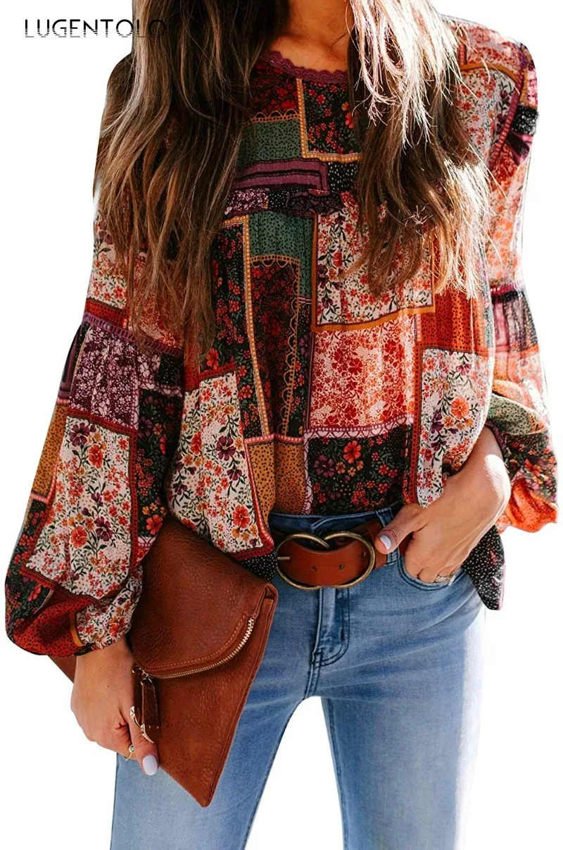 Bohemian Shirt Women Chiffon Casual Loose Top Long Sleeve Summer Female Round Neck Print Thin Pullover Blouses