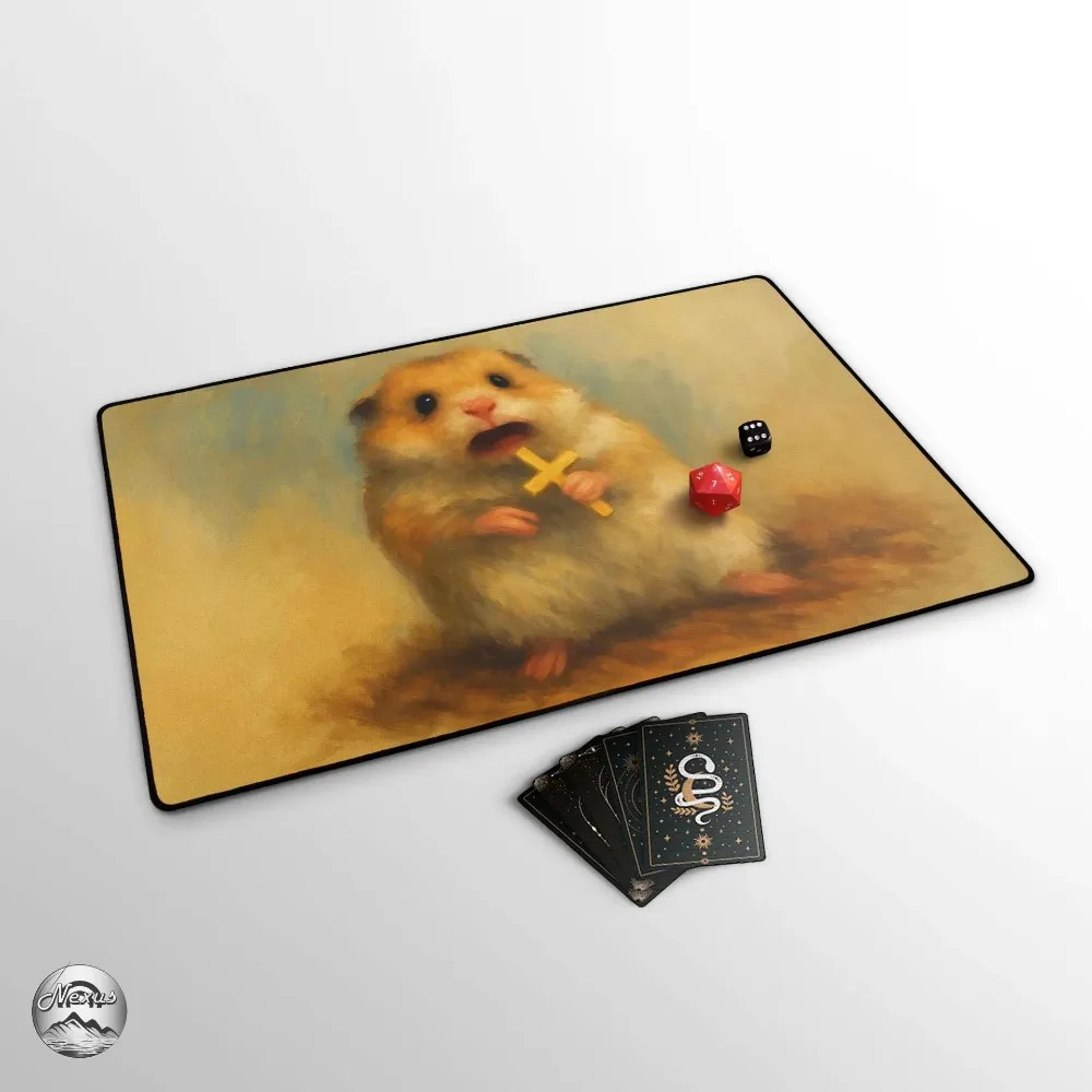 Funny Hamster TCG Playmat, Terrified Rodent With Cross Mat With EDH Zones, Animal Meme Gift, Large Extended Play Mat