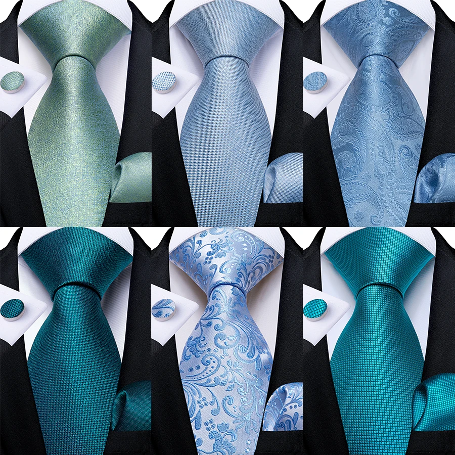 DiBanGu Mens Necktie Teal Green Blue Solid Design Silk Wedding Tie For Men Hanky Cufflinks Tie Set Fashion Bussiness Party