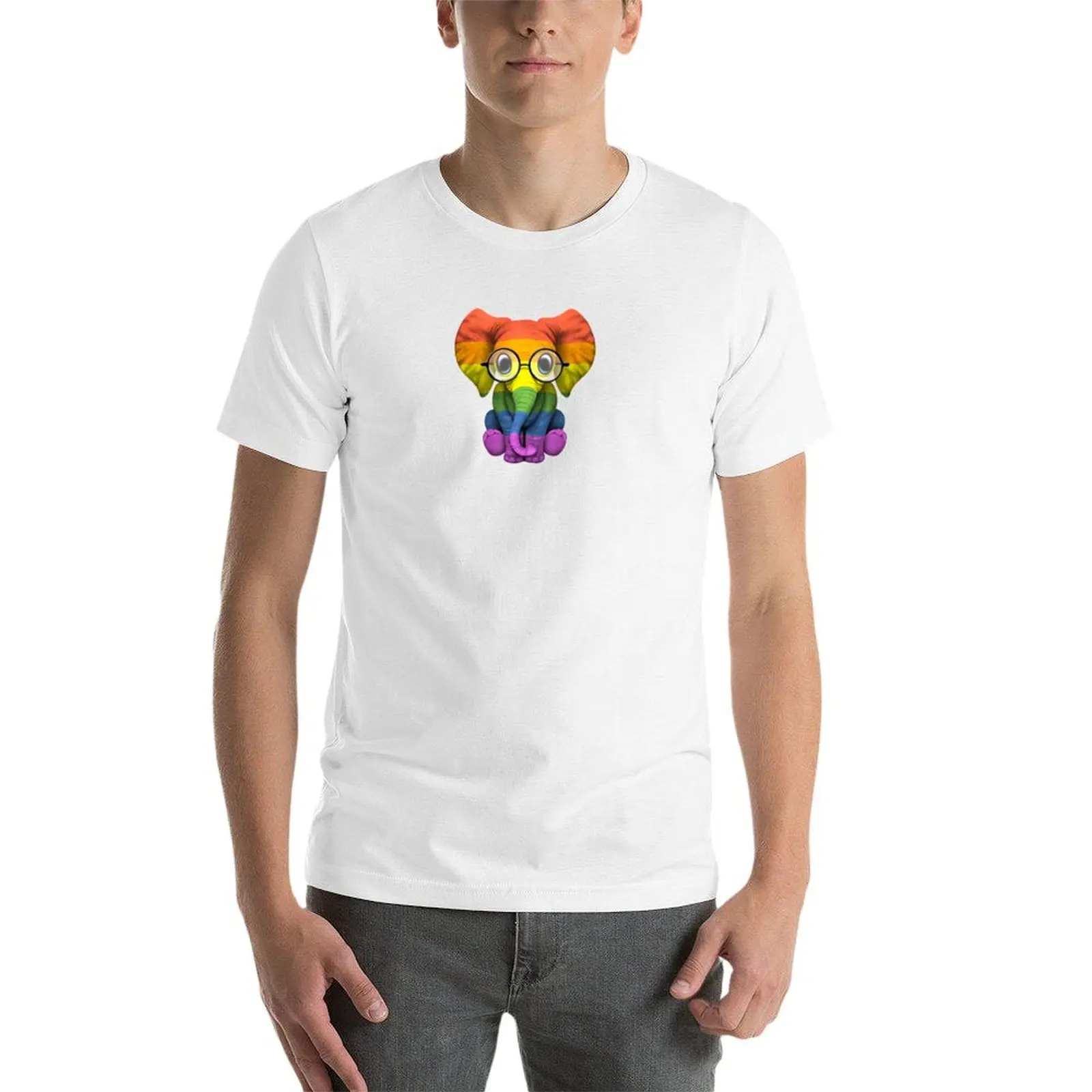 Baby Elephant with Glasses and Gay Pride Rainbow Flag T-Shirt cute tops anime stuff mens t shirt graphic