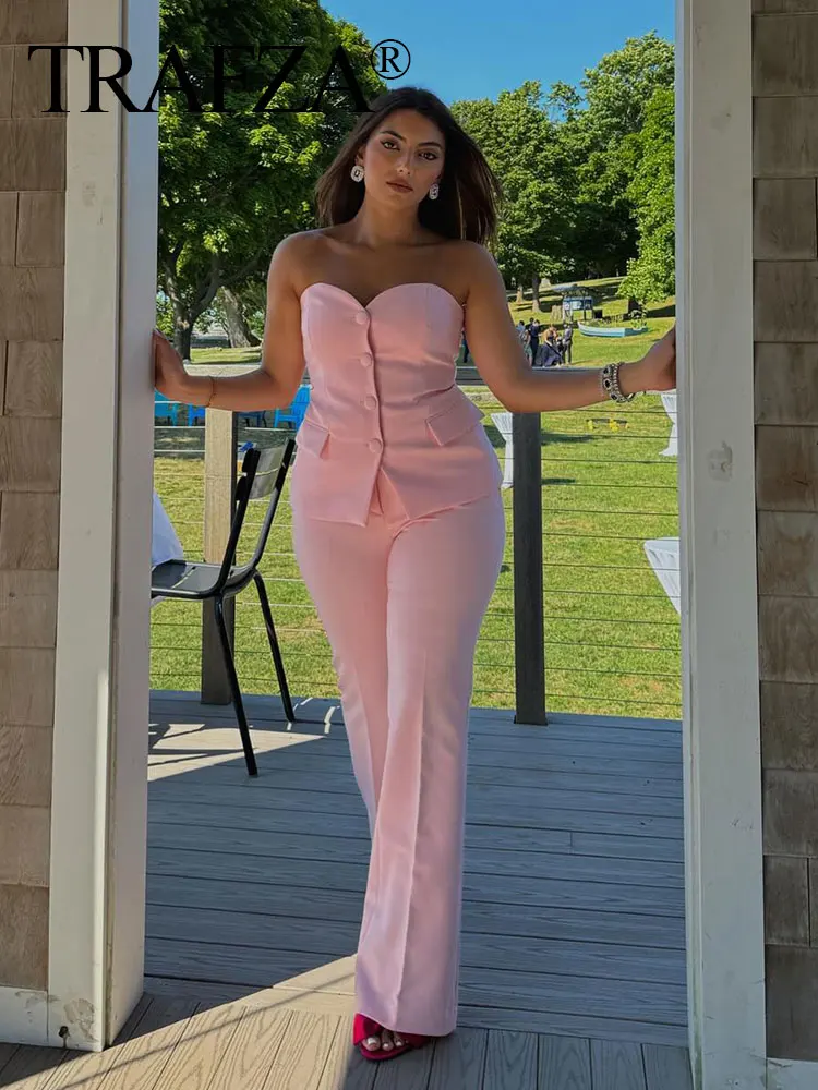 

TRAFZA Summer Suit Woman 2024 Trendy Pink Strapless Sleeveless Backless Single-Breasted Top+High Waist Flare Pants Female Sets