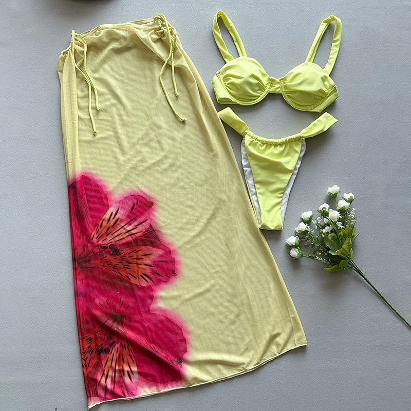 

Three Piece Set Micro Bikini Swimsuit Women Retro Print Drawstring Cover Up G-string Push Up Bikini Beach Vacation Party Biquini