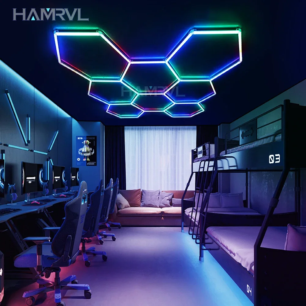 Hexagon Garage LED Light RGB Decor Effect for Esports Room Gym Club Karaoke Car Wall Ceiling lamp Lighting Dimmable Color Change