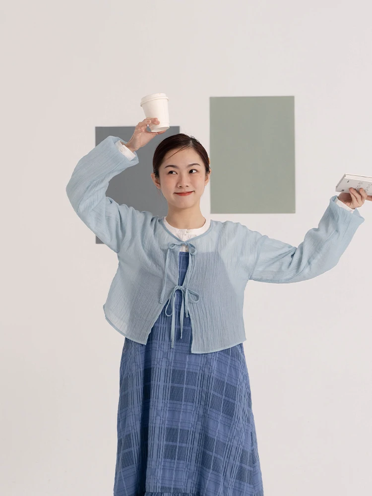 

QUEENOP Spring Summer New Women's Fro Double Strap Transparent Skin-like Folded Texture ort Outerwear 0098773