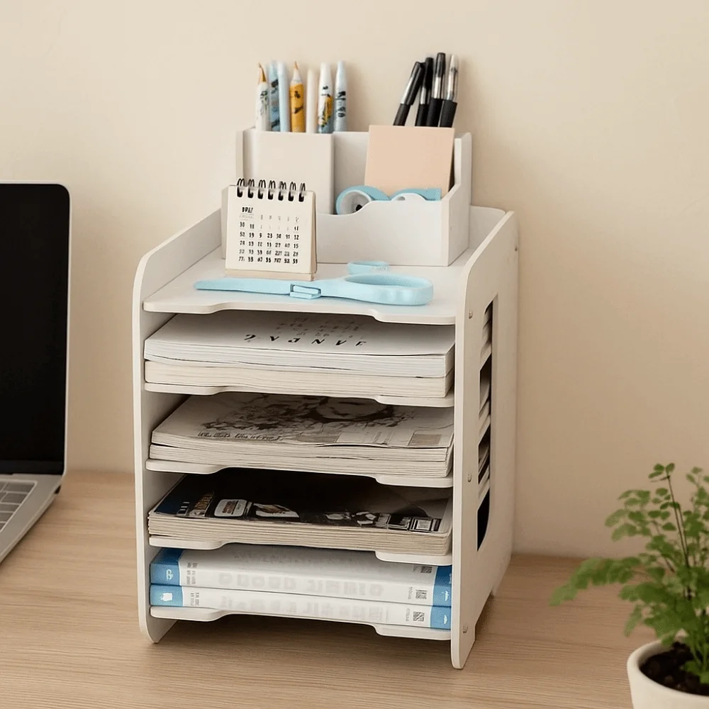 

Practical PVC Multi-layer File Storage Rack Space Saving Large Capacity File Holder Easy Assembly Desk Top Shelf for Home