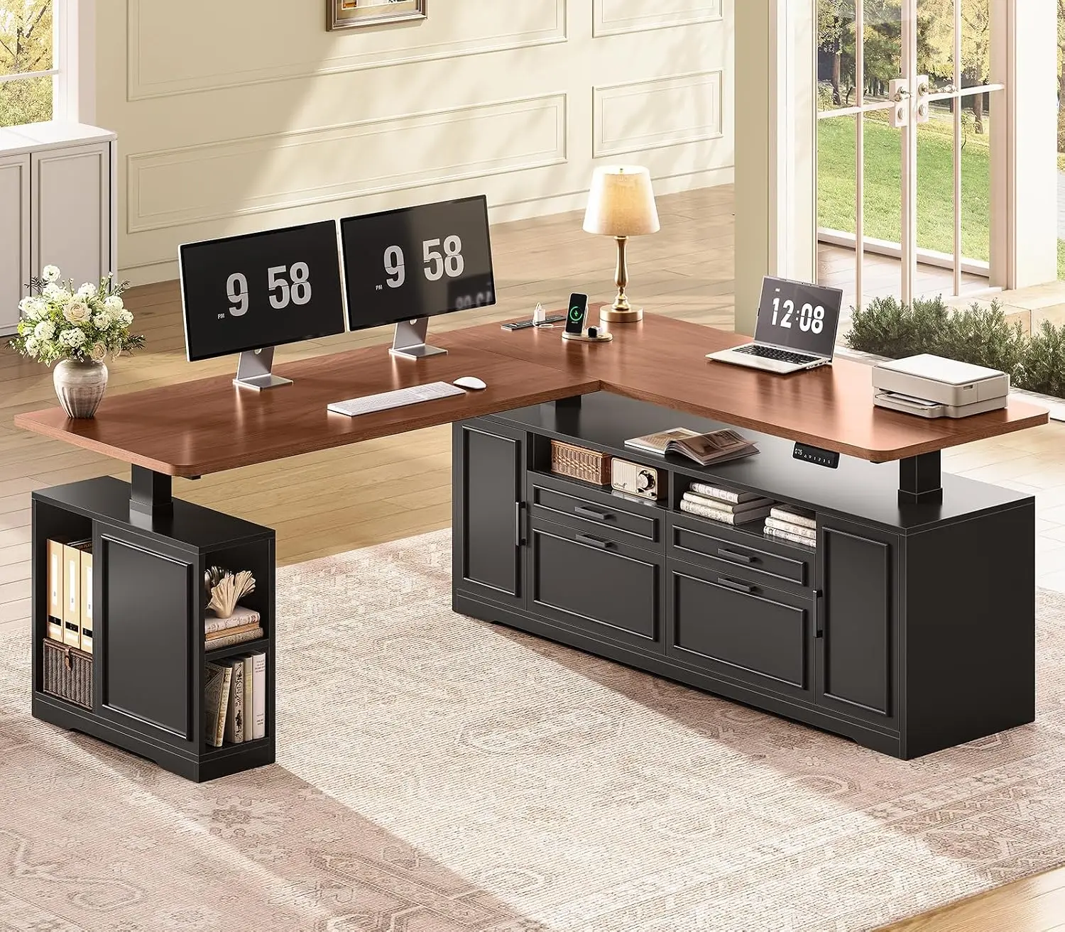 L Shaped Electric Standing Desk with 4 Drawers & Storage, Home Office Workstation, 128cm, Customized