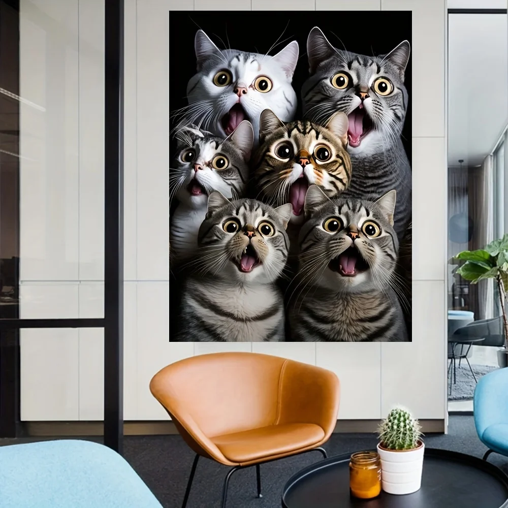 1pc Frameless Modern Cat Canvas Art Print,Canvas Painting Shocked Cats Wall Decor, Contemporary Poster for Livin