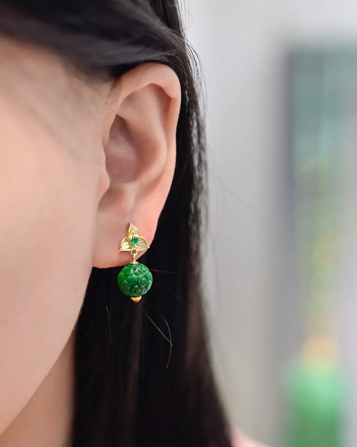 A-Grade Natural Jade Carved Hydrangea Bead Earrings, 925 Gold Plated Triangle Flower Green Zircon Studs, Chinese Jewelry Gift