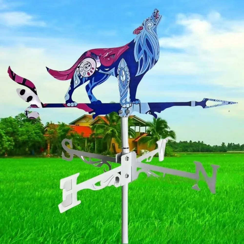 Colorful Stainless Steel Rooster Wind Vane, Retro Wolf Weather Indicator, Outdoor Garden Farm Rooftop Wind Direction Decor view 3