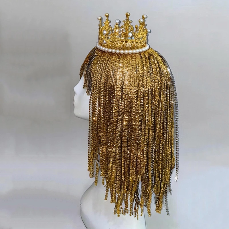 Sexy Gogo Dance Costume Pearl Gold Fringe Bikini Women Performance Wear Party Show Rave Clothing Egypt Drag Queen Outfit VDL5350