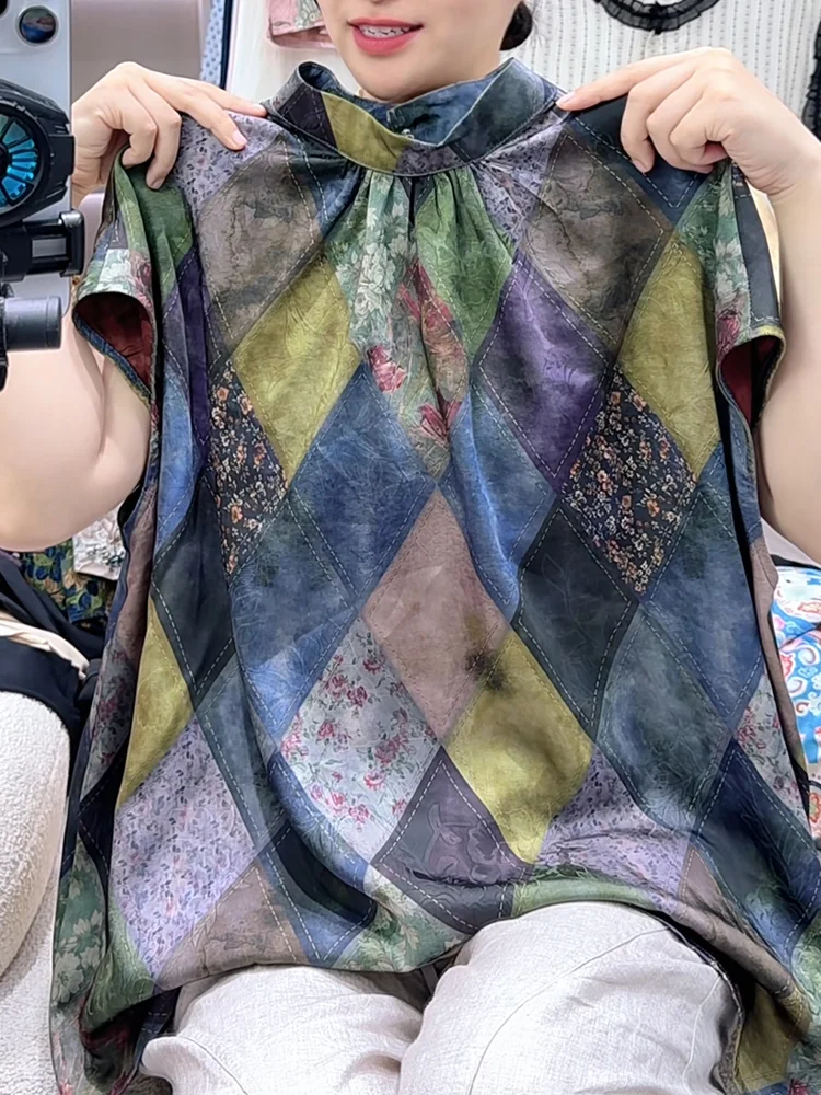 

Ретро-топ с цветочным принтом, модный летний 2025, больших размеров, универсальный, стройнящий, в корейском стиле, свободный крой, круглый вырез, футболка...