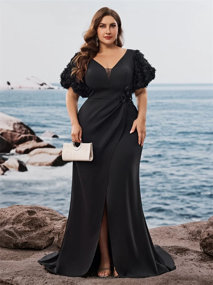 

Lucyinlove Plus Size Elegant Short Sleeves Satin Patchwork Formal Evening Dresses Luxury Slit Mermaid Party Maxi Cocktail Gowns
