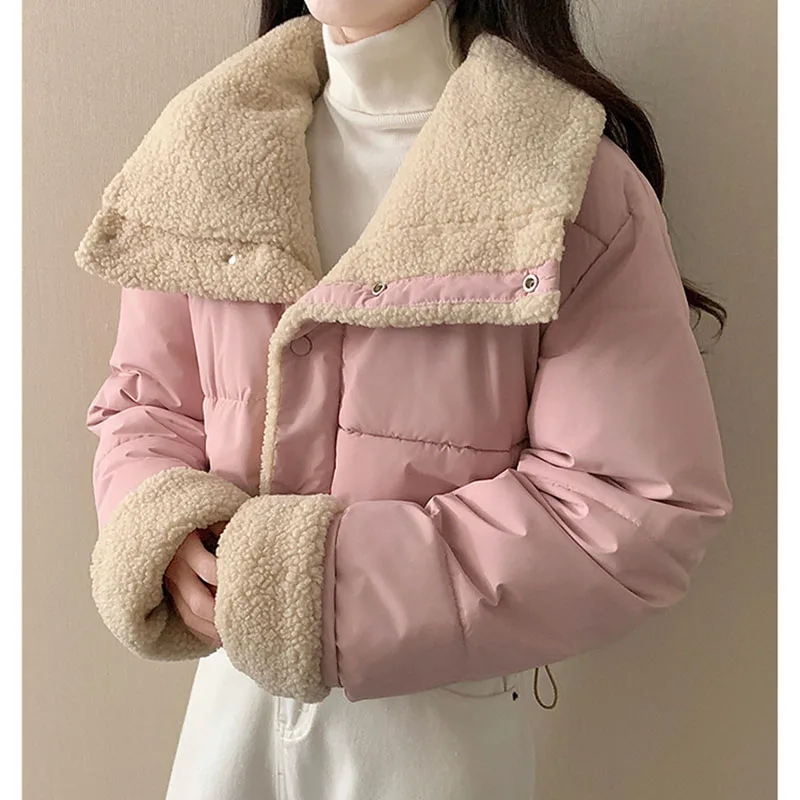 

Women Fashion Thick Warm Plus Velvet Down Cotton Padded Jackets New Two-side Wear Short Parkas Lapel Quilted Jacket Button Coats