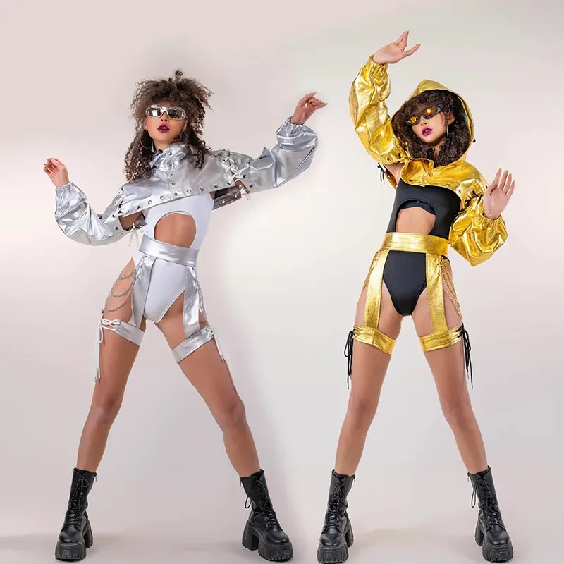 

Bar Nightclub Gogo Dancer Groups Sexy Show Stage Wear Gold Silver Leather Hooded Cloak Bodysuit Women Hip Hop Jazz Dance Costume