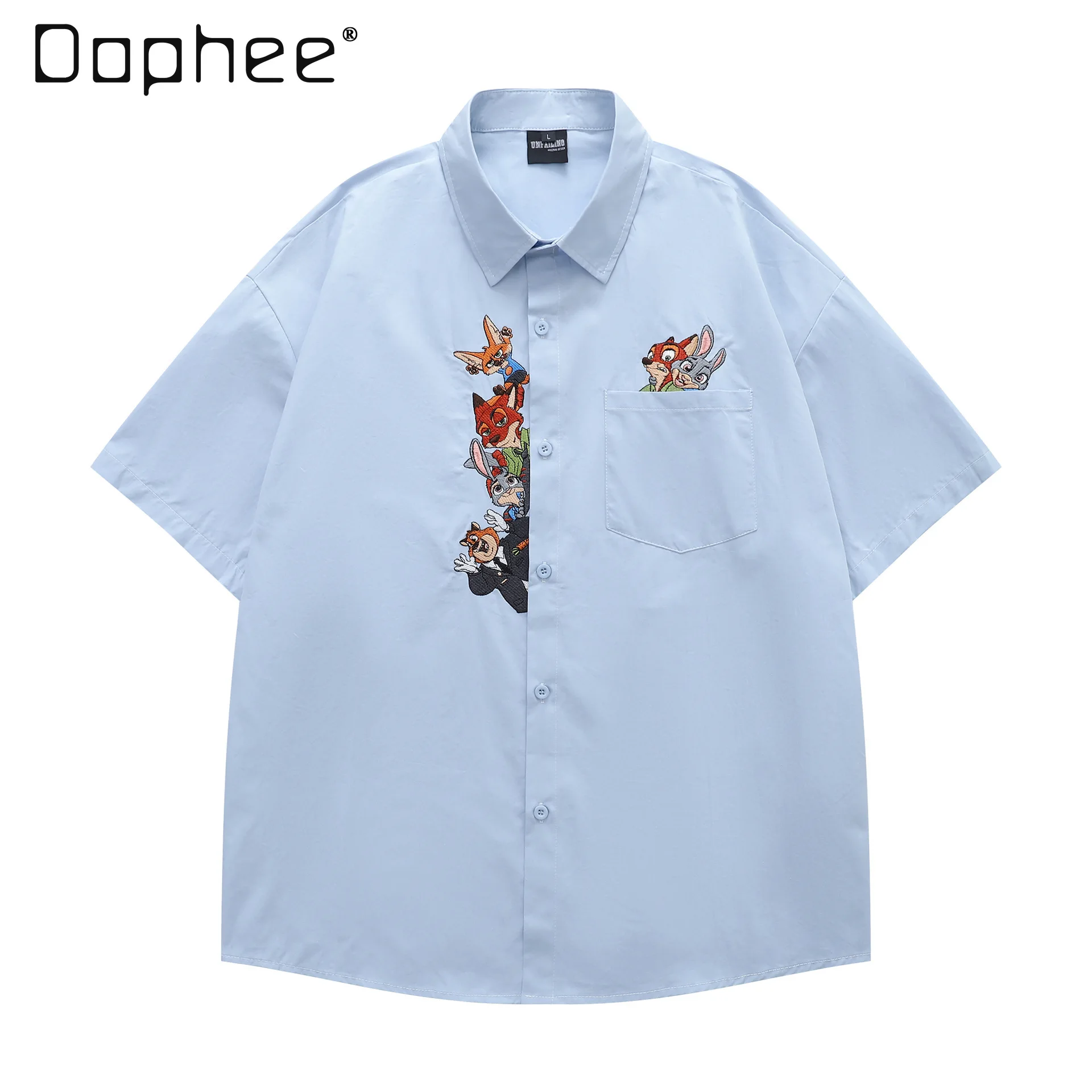

Summer Retro Loose Tide Brand Cartoon Embroidery Design Sense Short-sleeved Shirt Men's and Women's College Style Couple Shirt