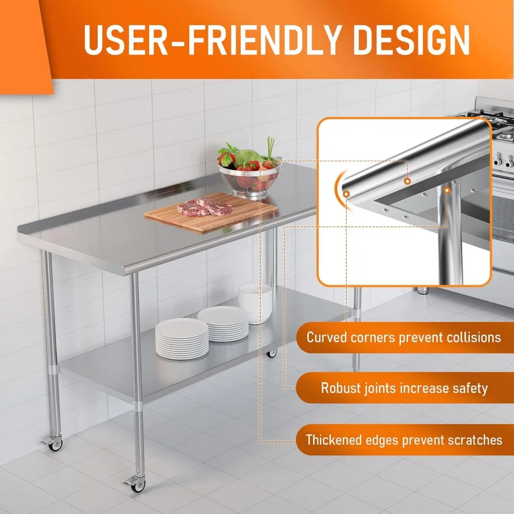 Stainless Steel Prep & Work Table with Adjustable Shelf, with Backsplash and Wheels, Kitchen Island, Commercial Workstations