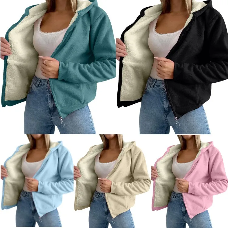Plain Thick Crew Neck Coat Regular Fit Urban Streetwear Women Jacket with Long Sleeve Zipper Front Hooded Distressed Casual