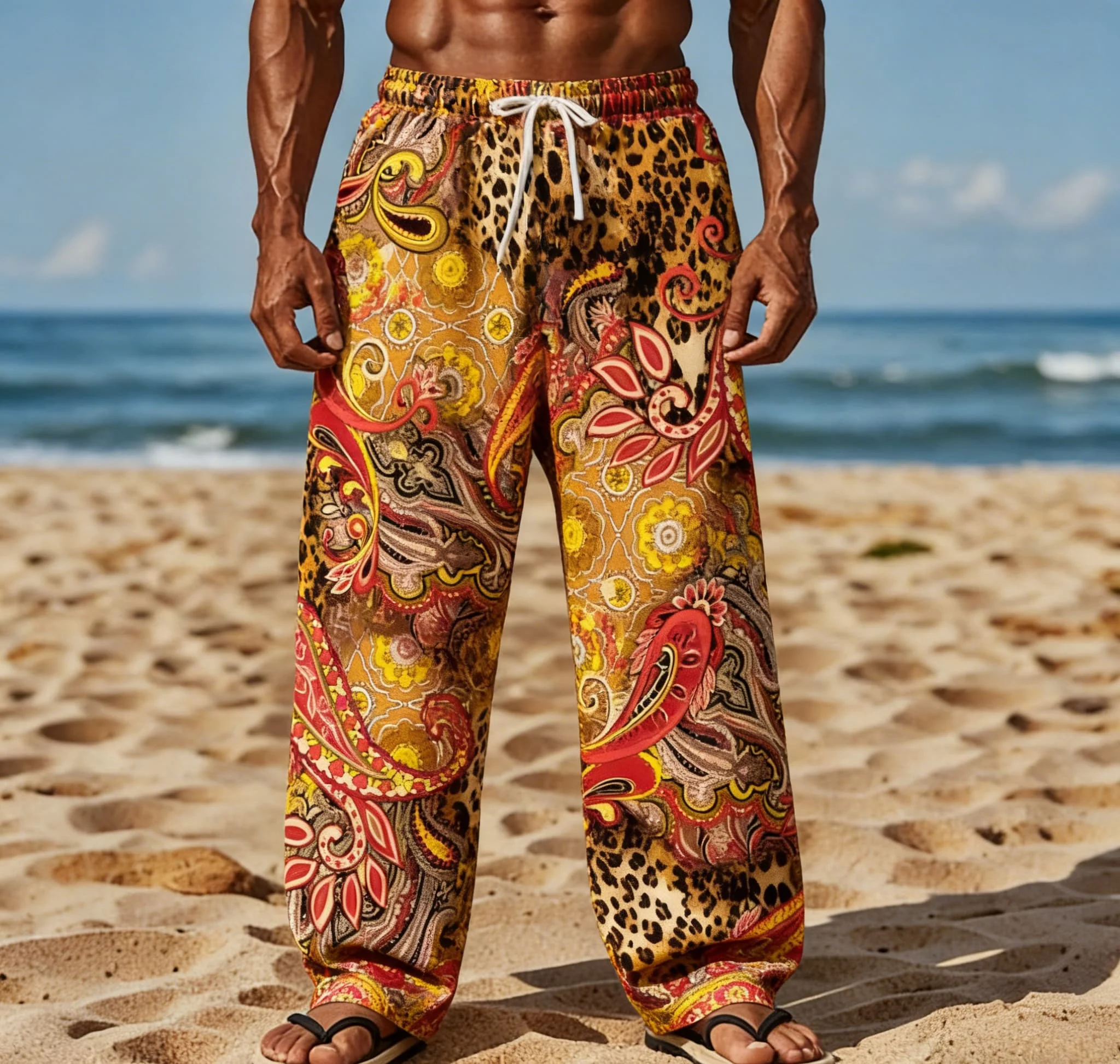 Men's Summer New Leopard Print Paisley Patchwork Pattern Print Beach Casual Pants