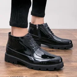 Man High Heels Patent Leather Boots Men High Quality Platform Shoes Black Cowboy Boots Outdoor Men Height Increase Dress Boots