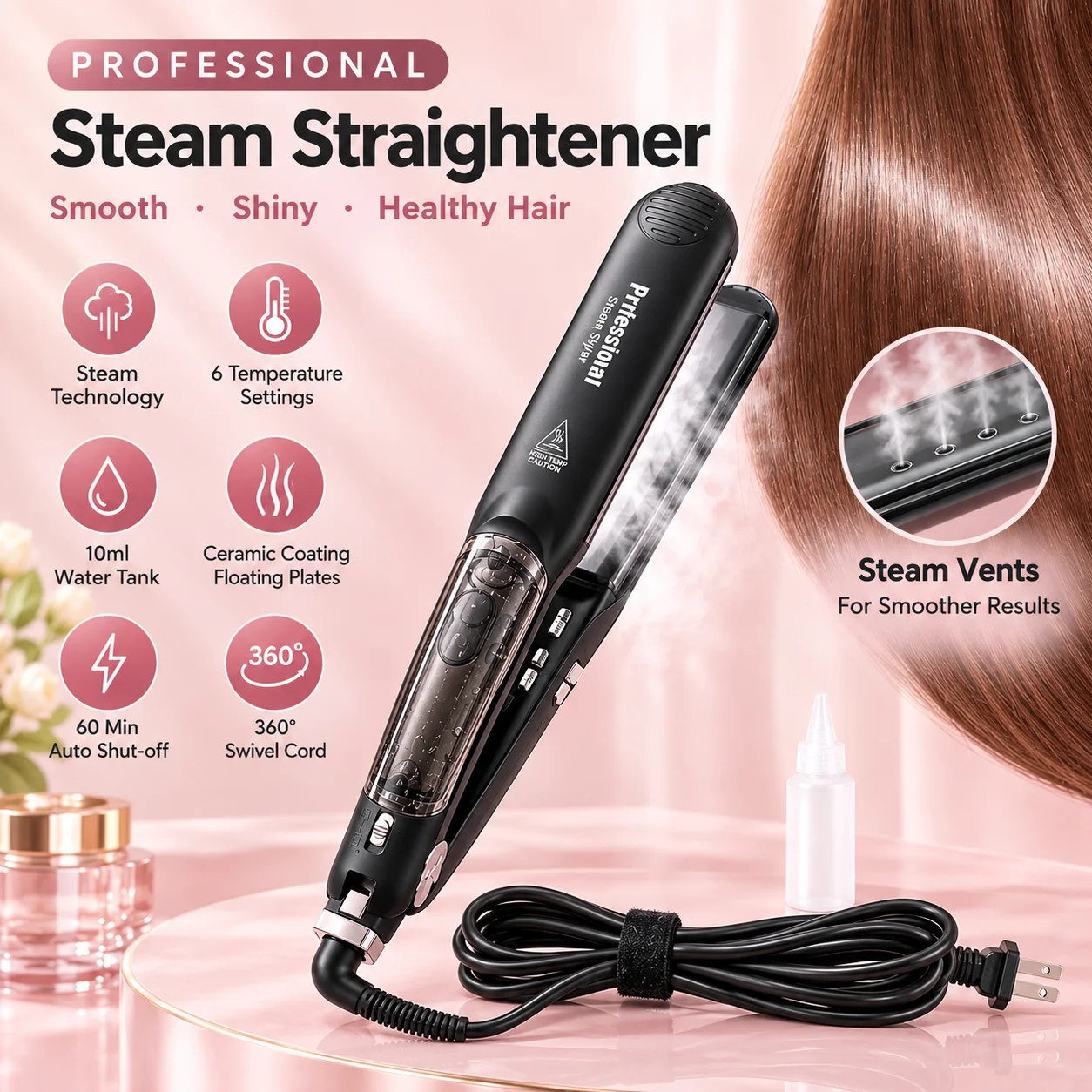 Professional Steam Hair Straightener Ceramic Floating Fast Heating Dual Voltage Flat Iron For Smooth Shiny Frizz-Free Shiny Hair