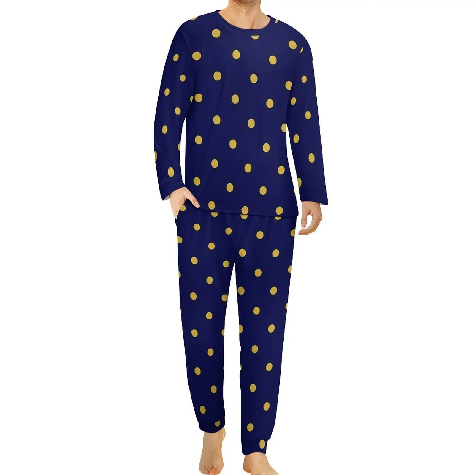 Navy Blue And Gold Polka Dots Pajamas Long Sleeve  2 Pieces Leisure Pajama Sets Spring Male Printed Kawaii Oversized Home Suit