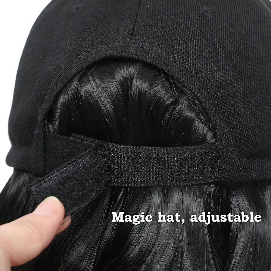 Peluca con gorra de béisbol, extensiones de cabello ondulado Natural largo de 20 pulgadas con sombrero, peluca ajustable sintética resistente al calor, pelucas con gorro negro para mujer