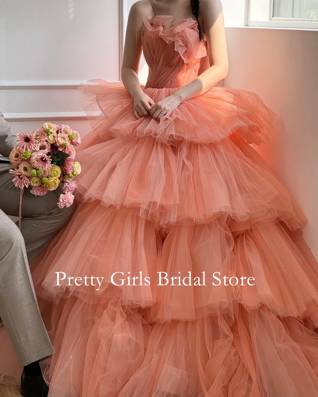 OEING Strapless Korea Style Vintage Evening Dresses Tiered Tulle Pink Formal 프롬드레스 Sleeveless Prom Growns Party Women Bride