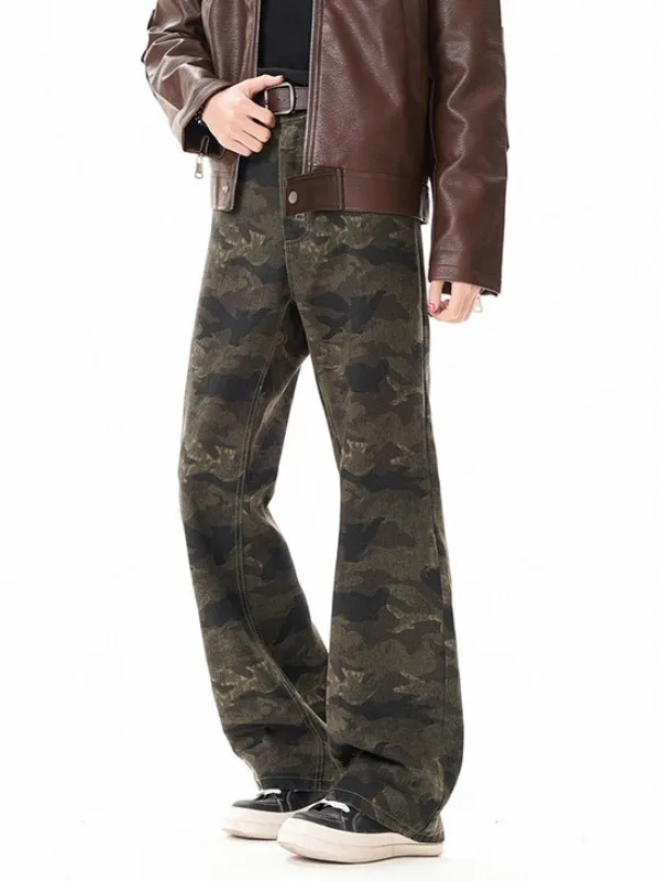 

Spring Vintage Camouflage Flared Jeans Men's Trendy Brand 2026 American Street Straight Knife Workwear Casual Pants