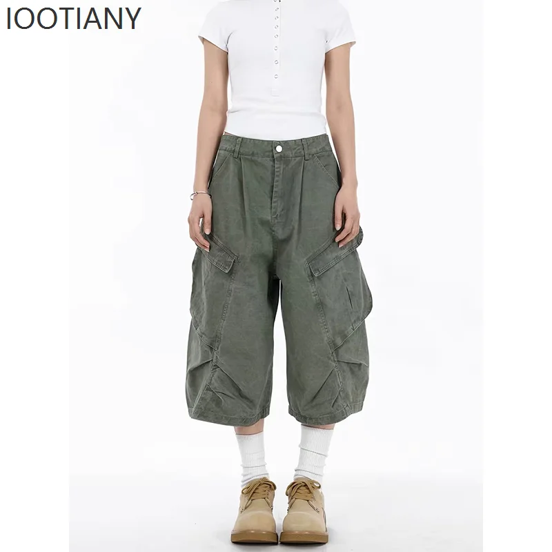 

Summer Women American Retro Green Cargo Jeans Shorts Y2K 2000s Harajuku Denim Calf-Length Pants Streetwear High Street 2026